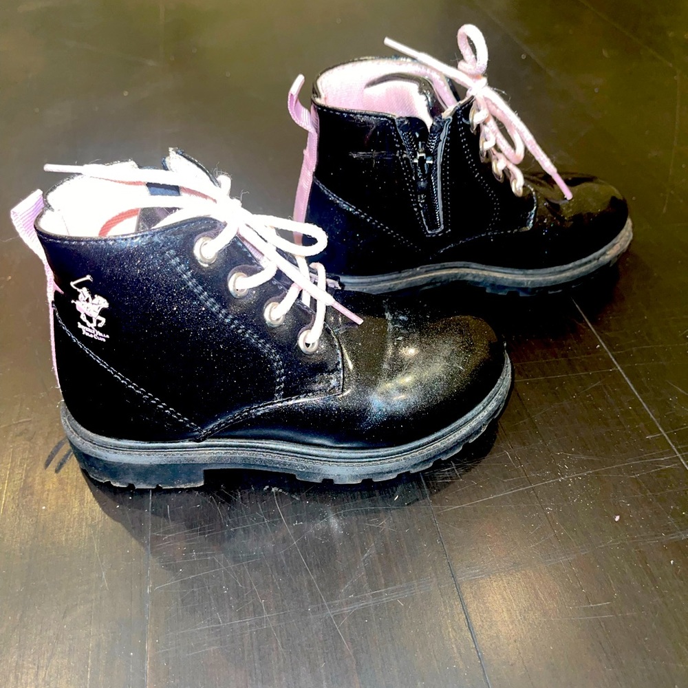Beverly Hills polo black boots. Shiny, cute pink details. Child size 11.